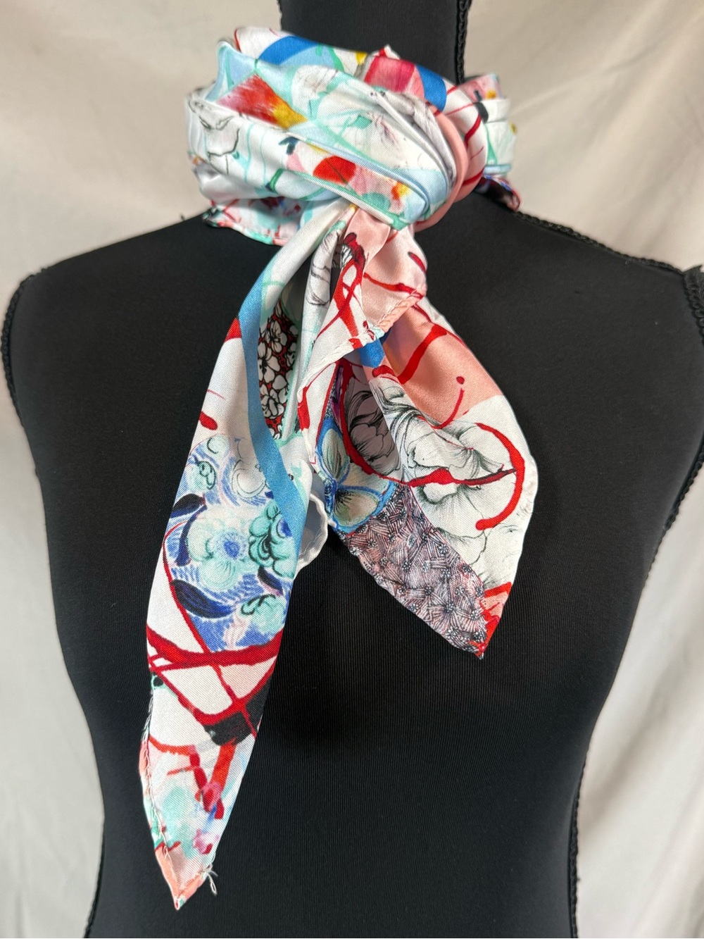 Robert Graham Watercolor Abstract Silk Scarf Blue/White/Red - Large